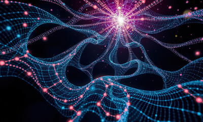 Poster - vibrant digital network visualization featuring interconnected nodes and lines, creating sense of depth and movement cosmic space. colors are bright and engaging, evoking feeling of innovation