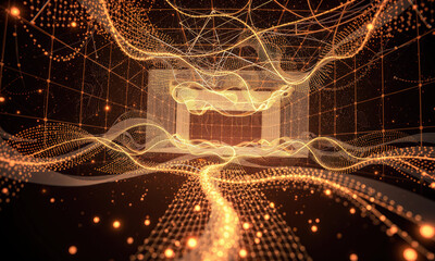 Fototapete - mesmerizing digital landscape featuring flowing lines and glowing particles, creating sense of depth and movement in virtual space. warm tones evoke feeling of energy and innovation