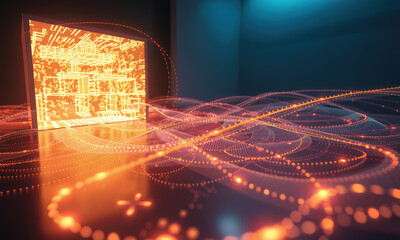 Fototapete - glowing digital interface displays intricate patterns, surrounded by flowing lines of light that create dynamic and futuristic atmosphere. scene evokes sense of innovation and technology
