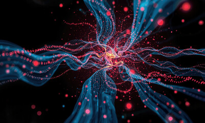 Fototapete - vibrant abstract representation of flowing lines and particles, showcasing dynamic interplay of blue and red colors against dark background, evoking sense of energy and movement