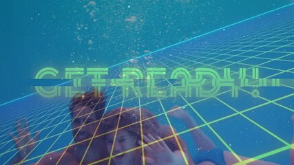 Poster - People swimming underwater with digital grid and cityscape animation overlay