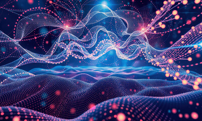 Fototapete - vibrant digital landscape featuring flowing lines and glowing particles, creating sense of depth and movement in futuristic environment. colors blend harmoniously, evoking feeling of wonder