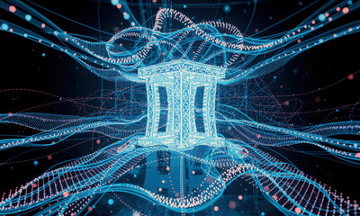 Fototapete - futuristic digital structure surrounded by flowing blue and pink light waves, representing advanced technology and spatial visualization. scene evokes sense of depth and innovation