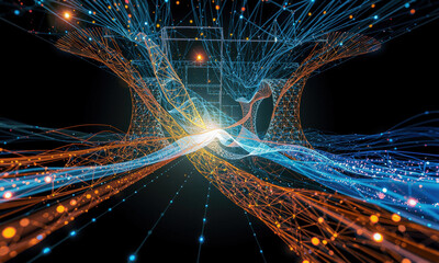 Fototapete - vibrant digital landscape showcasing flowing lines of blue and orange light, representing data streams and connectivity in futuristic environment. image evokes sense of movement and energy