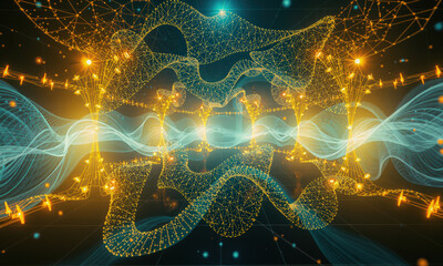 Fototapete - Abstract digital art featuring glowing lines, waves, and interconnected nodes, creating vibrant visualization of data and technology. image evokes sense of innovation and creativity
