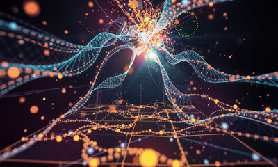 Fototapete - vibrant digital visualization of interconnected lines and glowing dots, representing data flow and spatial relationships in dynamic environment. image evokes sense of exploration and innovation
