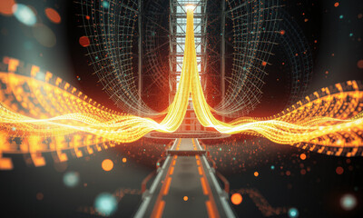 Fototapete - futuristic digital landscape featuring glowing orange waves flowing through high tech structure, symbolizing energy and innovation. scene evokes sense of advanced technology and spatial