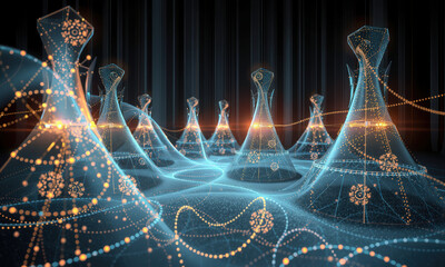 Fototapete - futuristic digital landscape featuring glowing, interconnected structures resembling chess pieces, symbolizing strategy and technology. scene evokes sense of innovation and complexity