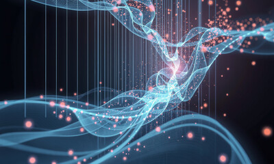 Fototapete - mesmerizing abstract representation of flowing waves and particles, showcasing blend of blue and pink hues, creating sense of depth and movement in digital space