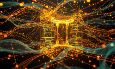 Fototapete - digital representation of glowing cube surrounded by flowing lines and particles, symbolizing technology and innovation. vibrant orange and blue colors create dynamic visual effect