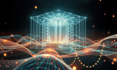 Fototapete - futuristic digital structure with glowing lines and waves, representing advanced technology and spatial visualization. scene evokes sense of innovation and creativity