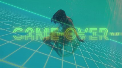 Poster - Person underwater with GAME OVER text animation over grid pattern