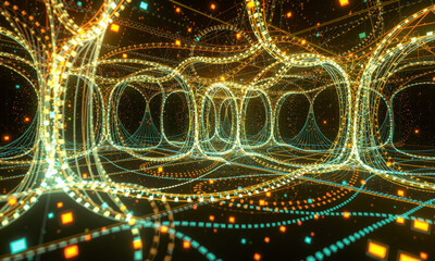 Fototapete - vibrant digital landscape featuring intricate lines and glowing shapes, creating sense of depth and movement futuristic environment. colors include bright yellows, oranges, and blues