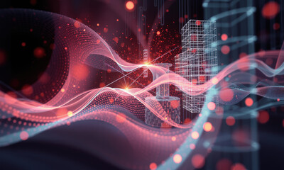 Fototapete - vibrant abstract representation of digital waves and structures, showcasing blend of red and blue tones with glowing particles, evoking sense of innovation and technology