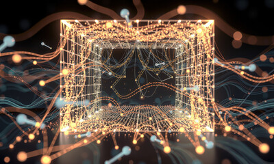 Fototapete - captivating digital visualization of three dimensional space filled with glowing lines and particles, creating sense of depth and movement. intricate patterns evoke feeling of innovation
