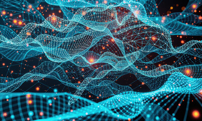 Fototapete - vibrant digital landscape featuring interconnected lines and nodes, creating sense of depth and movement, evoking feelings of innovation and technology