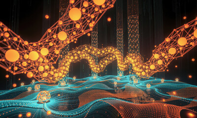 Fototapete - vibrant digital landscape featuring interconnected nodes and flowing lines, illuminated in orange and blue hues, creating sense of depth and movement
