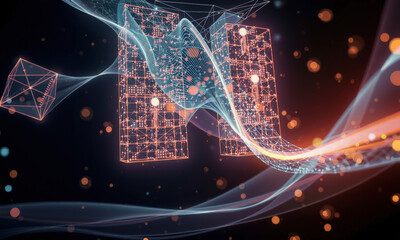 Fototapete - vibrant digital abstract design featuring geometric shapes and flowing lines, representing spatial visualization and technology. composition evokes sense of innovation and creativity