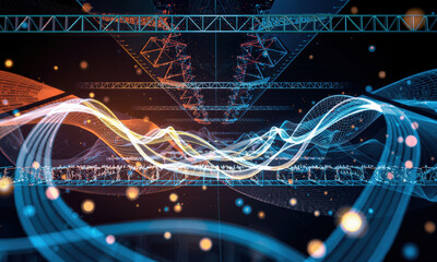 Fototapete - vibrant digital landscape showcasing abstract waves of light and data, symbolizing technology and innovation in futuristic setting. scene evokes sense of creativity and exploration