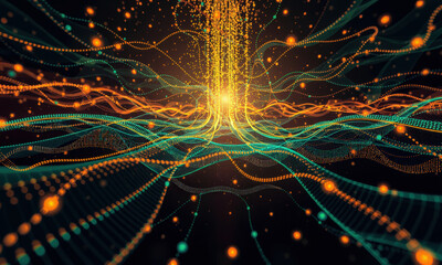 Fototapete - vibrant digital landscape featuring flowing lines and glowing particles in orange and teal, creating sense of movement and energy. visual evokes feeling of dynamic connectivity and innovation