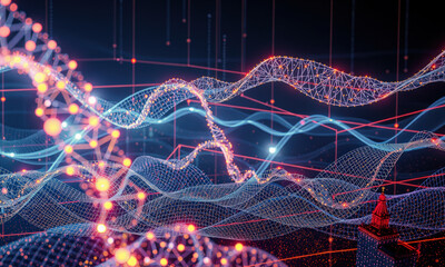 Fototapete - vibrant digital landscape showcasing interconnected lines and nodes, representing data flow and spatial visualization in technology. scene evokes sense of innovation and complexity