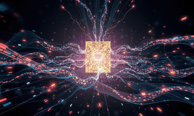 Fototapete - vibrant digital artwork featuring glowing square center, surrounded by flowing lines and colorful particles, creating sense of energy and movement. design evokes feeling of excitement
