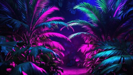 Neon illumination on palm tree foliage, botanical backdrop