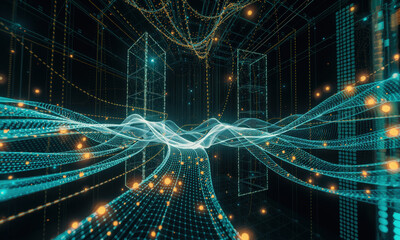 Fototapete - futuristic digital landscape featuring glowing waves and interconnected lines, representing data flow and technology. scene evokes sense of innovation and advanced visualization