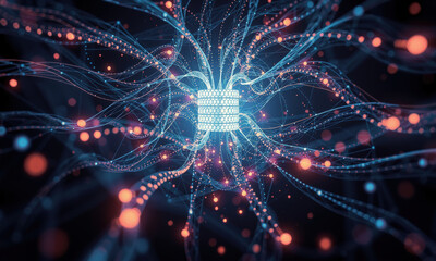 Fototapete - vibrant digital network with glowing lines and nodes, representing data flow and connectivity in futuristic environment. image evokes sense of innovation and technology