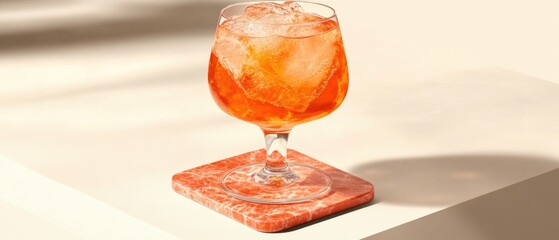 Poster - Refreshing aperol spritz in elegant glass with ice cubes on marble coaster against minimalist backdrop capturing summer vibe and bright light