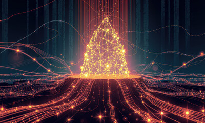 Fototapete - glowing pyramid made of interconnected lines and dots, surrounded by flowing data streams and dark forest background, evokes sense of digital wonder and innovation