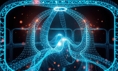 Fototapete - This digital artwork features mesmerizing blue wireframe structure, showcasing intricate curves and glowing particles, creating futuristic and dynamic atmosphere