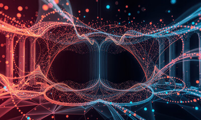 Fototapete - vibrant abstract visualization featuring flowing lines and dots in red and blue, creating dynamic and energetic atmosphere. design evokes sense of movement and depth