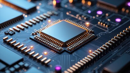 Poster - LGA package CPU IC detailed view against a printed circuit board background