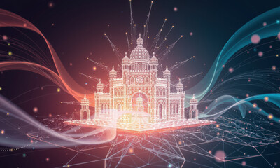 Fototapete - stunning digital representation of grand architectural structure, illuminated with vibrant colors and surrounded by flowing abstract patterns, evoking sense of wonder and creativity