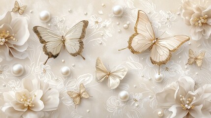 Poster - Elegant wedding wallpaper featuring soft floral patterns, scattered pearls, and intricate gold butterflies, dreamy romantic decor.