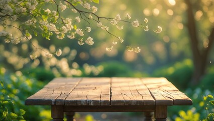 Poster - Spring natural setting with rich green foliage and blooming branches, including an unoccupied wooden table illuminated by sunlight.