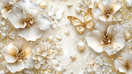 Poster - Elegant wedding wallpaper featuring soft floral patterns, scattered pearls, and intricate gold butterflies, dreamy romantic decor.