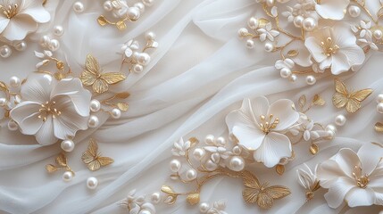 Poster - Elegant wedding wallpaper featuring soft floral patterns, scattered pearls, and intricate gold butterflies, dreamy romantic decor.