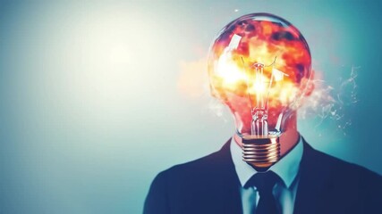 Poster - Brilliant Spark: A modern artistic rendering of a person with a lightbulb head, ablaze with ideas and innovation, on a blue background. The image is a symbol of the power of thought and creativity. 