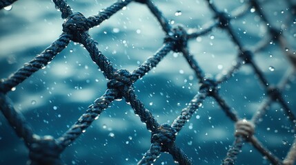 Wet rope net with water droplets against a blurred blue ocean backdrop