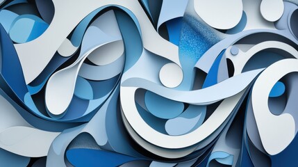 Aufkleber - Abstract blue and white paper art with dynamic curves and shapes creating a modern and elegant design with depth and texture for creative backgrounds