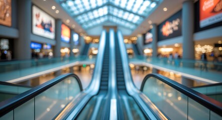 Aufkleber - A misty scene of a shopping center with an escalator at the forefront, accented by bokeh lighting and a view of the ceiling.