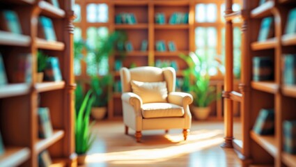 Poster - Hazy view of a peaceful and inviting library with wooden bookshelves, colorful plants, and a comfy chair, perfect for enjoying a serene reading experience.