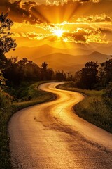 Wall Mural - Serene winding road through mountain landscape at sunset with golden light illuminating the path and surrounding nature creating a peaceful scenic view