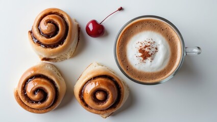 Poster - Artistic arrangement of cinnamon rolls and a coffee cup on a white backdrop. Flat lay. Culinary theme.