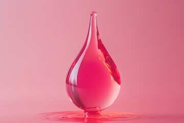 Poster - Captivating close up of a single red liquid drop suspended in air against a soft pink background with shallow depth of field