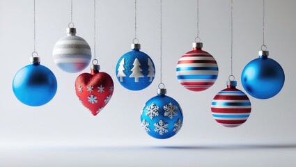 Aufkleber - Blue Christmas Set with Heart, Tree, Snowflake, and Glitter Pearls Pattern Hanging Balls, Isolated on Background, Objects Template for Greeting Gift Card or Promo Advertising Banner