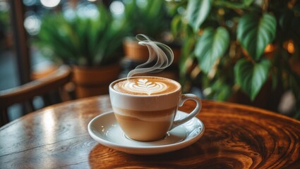 Poster - Front view of a cappuccino coffee cup on a wood table set against green plants in a cafe. Space for copy.