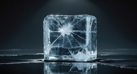 Aufkleber - Clear textured ice block with frost and cracks on a mirrored surface.